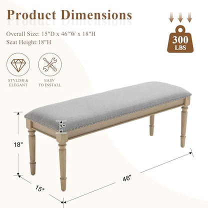 46'' French Country Entryway Bench Wooden Linen Fabric Upholstered Seat Dinng Bench with Nailhead Trim for Hallway End of Bed, Grey - color: Linen, Grey, Nailhead Trim