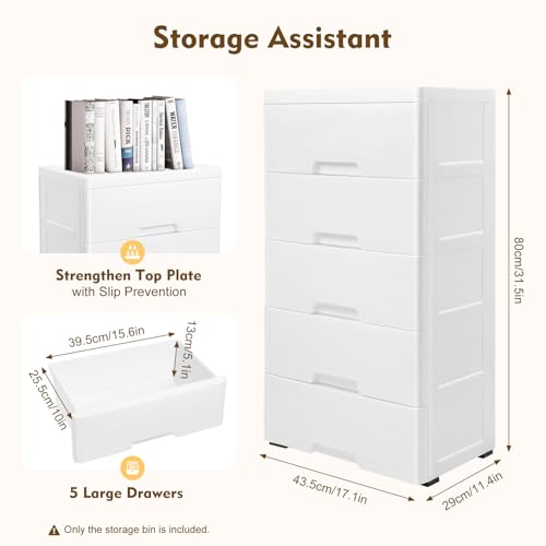 5 Tier Storage Tower with 5 Drawer and 4 Wheels, Storage Organizer Rack, Movable Storage Tall Small Cabinet for Rooms, Sofa, Cabinet (White) - color: White