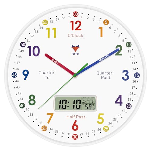 Foxtop Digital and Analog Learning Clock for Kids - Telling Time Teaching Clock 14 Inch Silent Non-Ticking Battery Operated Kids Wall Clock for Kids Room Playroom Nursery Classroom School (White) - color: White, size: 14 Inch