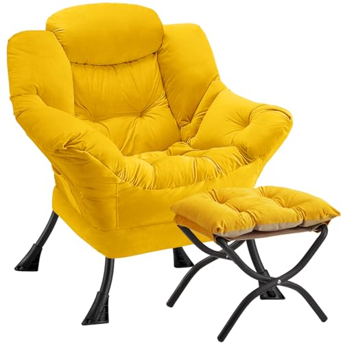 Lazy Chair with Folding Ottoman Modern Large Accent Chair,Contemporary Lounge Leisure Sofa Chair with Armrests Upholstered Sofa Armchair Reading Chair for Bedroom,Dorm & Office (Yellow-f) - color: Yellow