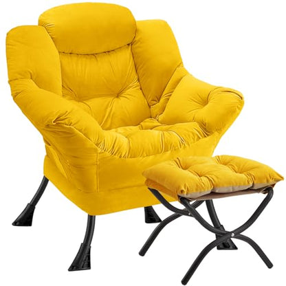 Lazy Chair with Folding Ottoman Modern Large Accent Chair,Contemporary Lounge Leisure Sofa Chair with Armrests Upholstered Sofa Armchair Reading Chair for Bedroom,Dorm & Office (Yellow-f) - color: Yellow