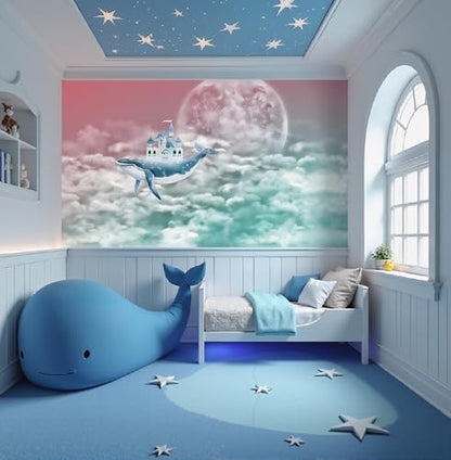 ASJ Kids Nursery Peel and Stick Wallpaper Mural, Whale Castle Moonlight | Seamless edge-to-edge match. Full moon cloud fairy tale artwork, 118x78 in, premium fabric, kids bedroom playroom. - color: Moonlight Silver, size: 118" x 78"