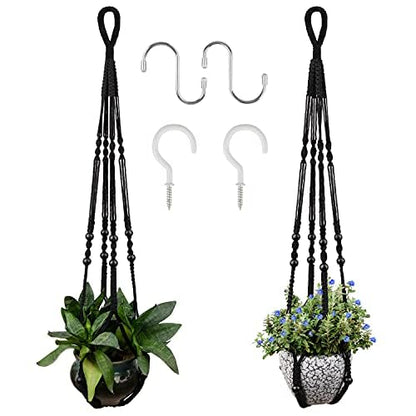RIFNY Macrame Plant Hanger for 5 to 10 Inch Plant Pots, 35 Inch Woven Rope Hanger Kits with Hooks and Wood Beads, Hanging Planter Basket for Indoor Boho Home Decor (Black, 2 Pack) | 35 Inch Hanging Planter with Hooks, Fits 5-10" Pots, Suitable for Ceiling