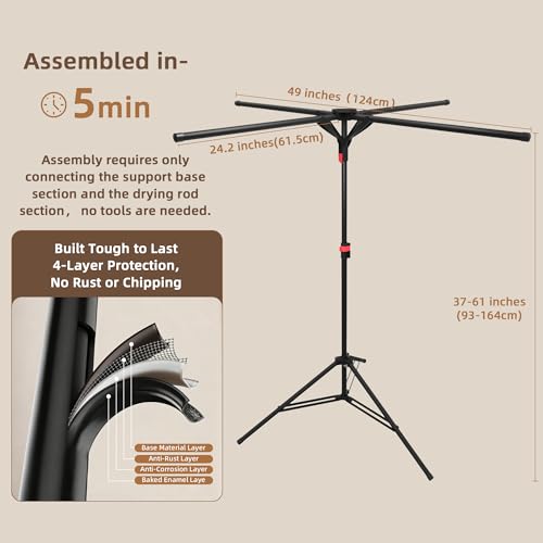 Clothes Drying Rack Foldable, Adjustable Height with Fold Button | Stable Tripod Base, Rust-Resistant, Quick Fold Button, Independent Rod Adjustment, Fits 90°/180°/270° Corners