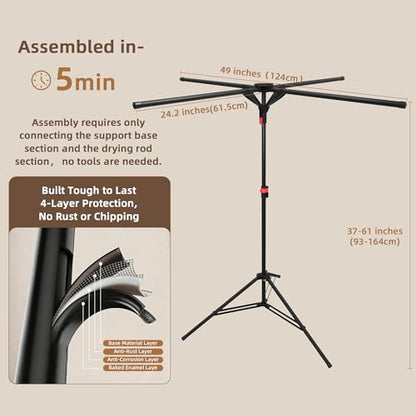 Clothes Drying Rack Foldable, Adjustable Height with Fold Button | Stable Tripod Base, Rust-Resistant, Quick Fold Button, Independent Rod Adjustment, Fits 90°/180°/270° Corners