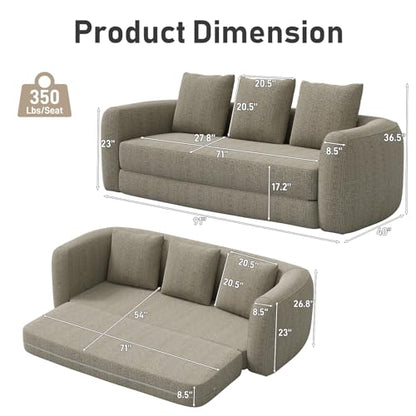 Curved Convertible Futon Sofa Bed,Modern Boneless Sleeper Couch,Curved Modern 3 Seater Cloud Couch - color: Light Brown, size: 90''