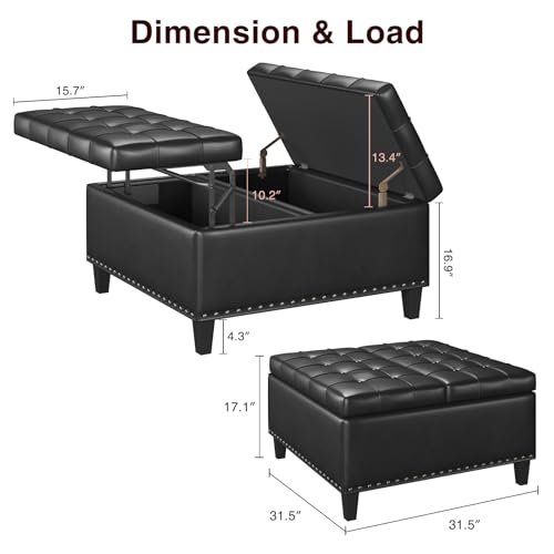 FiveWillowise 31.5 Inch Large Square Ottoman with Storage,Faux Leather | Coffee Table Storage Ottoman Bench with Lift Top Upholstered Footrest Stool Toy Box for Bedroom Living Room,Black - color: Black