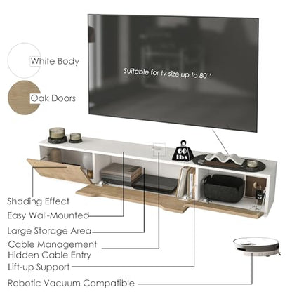 Atelier Mobili Floating TV Stand for Up to 80 Inch TVs – Wall Mounted Media Console with Handle-Free Doors – Modern Entertainment Center with Hidden Storage – White and Oak Finishes (White/Oak) - color: White / Oak