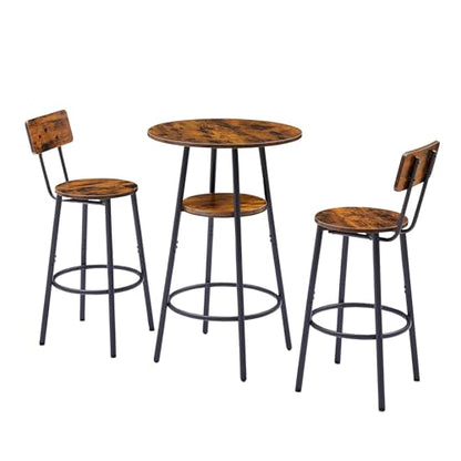23.6” Diameter Round Bar Table Set for 2 with Storage Shelf, Counter Height Pub Table and Chairs, Small Round Kitchen Table with Backrest Stools for Small Spaces, Breakfast Nook Dining Table - color: Rustic Brown, style: Round w/ Wood Seat Stool