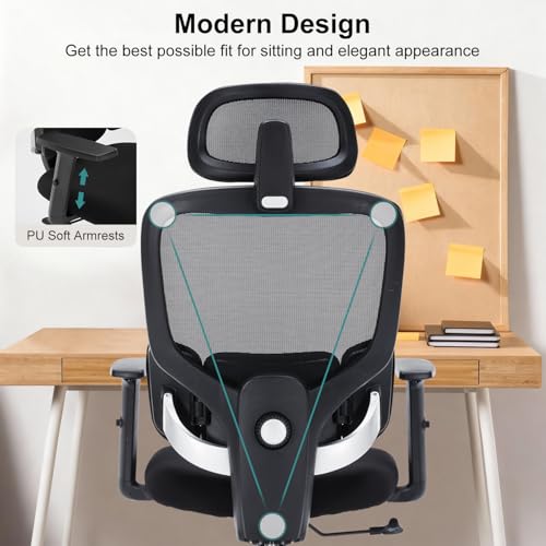 Office Chair Ergonomic Desk Chairs with Adjustable Lumbar Support & Headrest, Mesh High Back Home Office Desk Chairs with Adjustable Height Armrests, Comfy Swivel Task Computer Chair