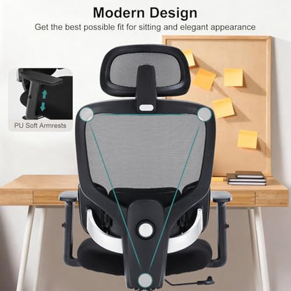 Office Chair Ergonomic Desk Chairs with Adjustable Lumbar Support & Headrest, Mesh High Back Home Office Desk Chairs with Adjustable Height Armrests, Comfy Swivel Task Computer Chair