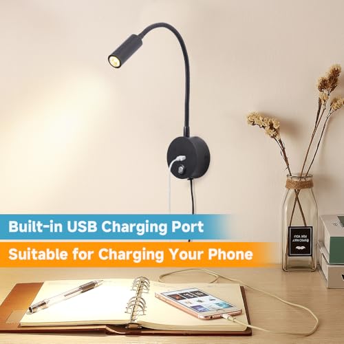 Dimmable Wall Mounted Reading Light with USB Charging Port, Plug-in LED Headboard Reading Light, Bedside Spot Wall Lamps with Flexible Gooseneck, Black Finished - color: Dimmable/3 Color/USB/Black
