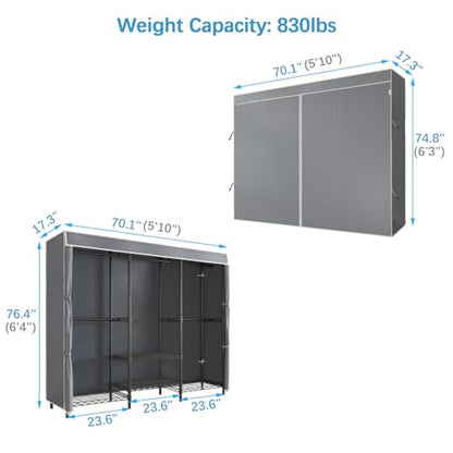 VIPEK V5C SE Covered Garment Rack Heavy Duty Clothes Rack with Cover and Adjustable Shelves, Freestanding Portable Closet Racks Clothes Storage Wardrobe Closets, Black Clothing Racks with Grey Cover
