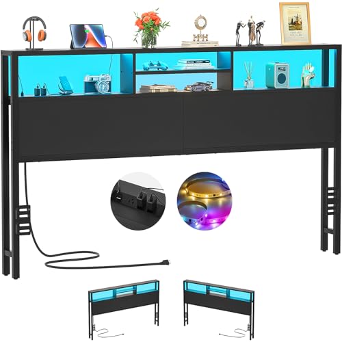 Aheaplus Headboard for King Size Bed with Storage, Headboards with Outlets, USB Ports and LED Light, King Size Head Board Only, Height Adjustable, Reversible, Sturdy and Stable Headboard, Black - color: Black, size: King, style: Wood