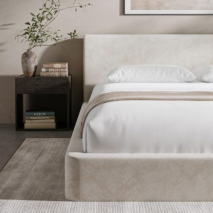 RECCI AirFrame Queen Upholstered Bed Frame with Ergonomic Angled Headboard | Ergonomic Angled Headboard, 360° Soft Foam Surround, Low Profile Cloud Bed Frame, No Box Spring Required, Easy Assembly - color: Beige Chenille, size: Queen
