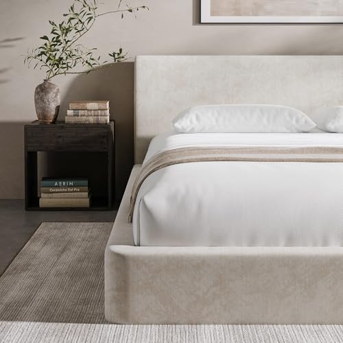 RECCI AirFrame King Upholstered Bed Frame with Ergonomic Angled Headboard | Ergonomic Angled Headboard, 360° Soft Foam Surround, Low Profile Cloud Bed Frame, No Box Spring Required, Easy Assembly - color: Beige Chenille, size: King