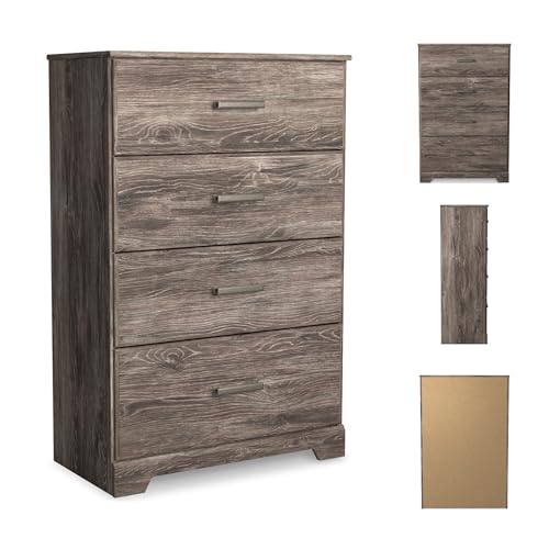 Signature Design by Ashley Ralinksi 4-Drawer Dresser Chest, Warm Gray | Engineered wood (MDF/particleboard/plywood) and decorative laminate, Rustic modern style, Replicated oak grain, Bedroom use - color: Grayish Brown, style: Chest of Drawers
