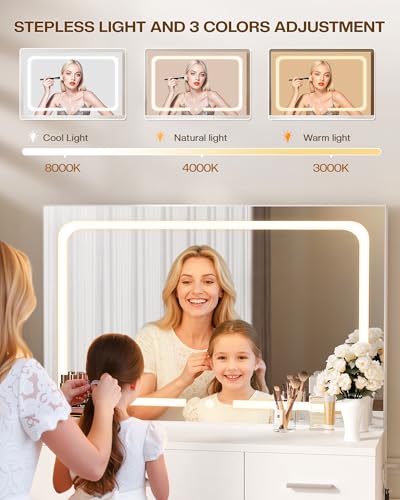 LIVELYGLOW 35.4" White Vanity Desk Set with Full-Width LED Mirror & Stool | 3 Lighting Modes, Charging Station, Cushioned Stool, 4 Drawers