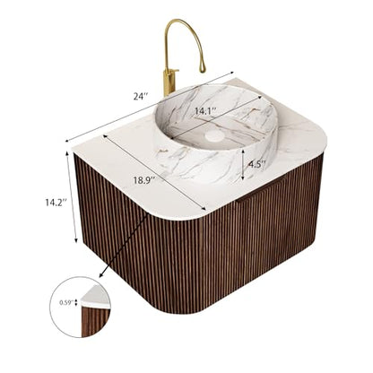24” Floating Bathroom Vanity with Sink, Fluted Wall-Mounted Solid Wood Cabinet, White Marble-Pattern Ceramic Basin, Faux Marble Top, Soft-Close Drawer, Pre-Assembled, Walnut Woodgrain - color: 03 - Walnut Woodgrain, size: 24"