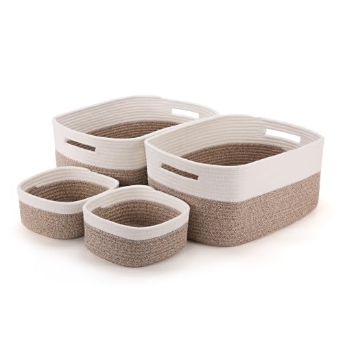 4-Pack Large Woven Rope Storage Baskets, 2 Sizes Organizer Bins | Fabric Cube Boxes and Rectangular Shallow Bins for Closet, Shelf, Bookshelf, Nursery, Changing Table, Bathroom, Toys & Home - color: natural & white, size: 2pcs-16.92*12.99*7.08'' & 2pcs-7.