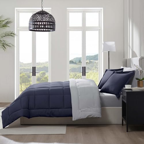 Nestl 7 Piece Full Comforter Set – Navy Reversible Bed in a Bag – Complete Full Size Bedding Set with Sheets, Pillowcases and Shams - color: Navy, size: Full