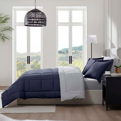 Nestl 7 Piece Full Comforter Set – Navy Reversible Bed in a Bag – Complete Full Size Bedding Set with Sheets, Pillowcases and Shams - color: Navy, size: Full