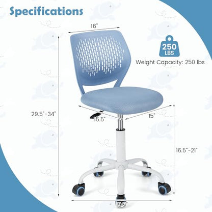 POWERSTONE Small Home Office Desk Chair, Swivel Rolling Study Computer Chair, Adjustable Height Task Chair with Armless Mid Back, Upholstered Mesh Seat, Blue - color: Blue