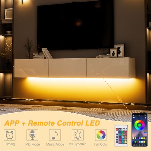 Floating TV Stand with LED for TVs up to 70", High Gloss Wall Mounted Entertainment Center for Living Room, White Modern Wood Media Console for Bedroom - size: 63"W x 14"D x 10"H