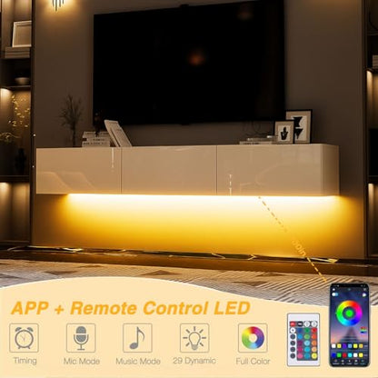 Floating TV Stand with LED for TVs up to 70", High Gloss Wall Mounted Entertainment Center for Living Room, White Modern Wood Media Console for Bedroom - size: 63"W x 14"D x 10"H