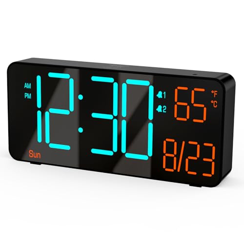 Digital Clock for Bedroom 6.7in Alarm Clocks for Living Room, Auto Dimming,Date,Week,Seconds,Indoor Temperature, Small Digital Alarm Clock for Classroom,LED Alarm Clocks for Bedrooms - color: Black (Blue + Orange Digits)