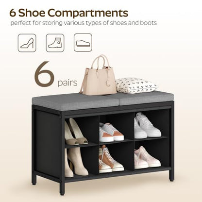 Shoe Storage Bench with Cushion, Entryway Bench, Shoe Rack with Padded Seat and 6 Oxford Compartments, for Closet, Bedroom, Entryway, Black and Gray HX01BK
