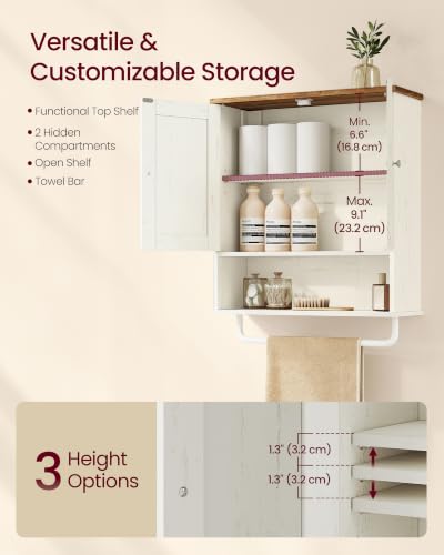 VASAGLE SIREN Collection Bathroom Wall Cabinet, Hanging Storage | Bathroom storage cabinet, with towel rod, farmhouse, adjustable shelf, and doors, 7.9 x 20 x 23.6 Inches UBBK149WJ01S