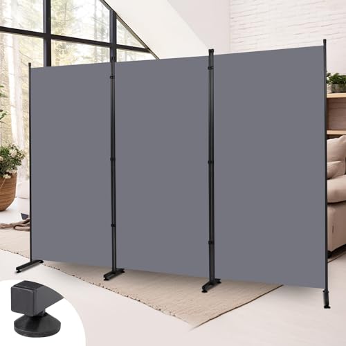 Room Divider 3 Panel Folding Privacy Screen, Round Pad Design Wall Divider | 71''Hx102''W, UV Protection Fabric, Wobble-free Metal Frame, Large 3 Panel Partition Room Dividers, Indoor Window Blackout - color: Dark Grey