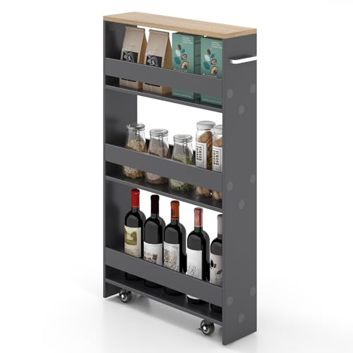 GIANTEX 4-Tier Rolling Slim Storage Cart, 5" Narrow Slide Out Kitchen Cart | Space-Saving Compact Mobile Utility Trolley with Handle & Open Shelves for Small Space, Laundry Room (Grey & Natural) - color: Grey & Natural, size: 5"W