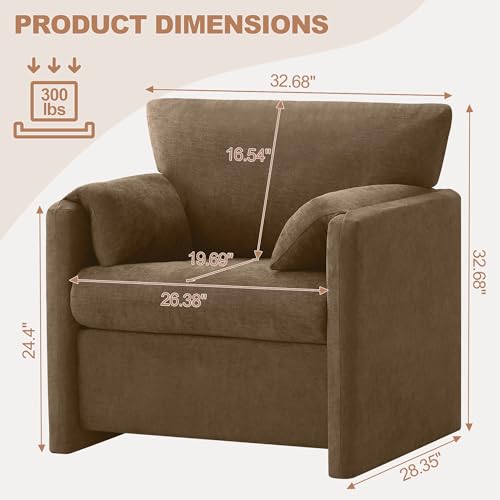 Oversized Accent Chair for Living Room, Large Modern Armchair with Deep Seat, Mid-Century Comfy Reading Chair with Padded Arms, Chenille Single Sofa Chairs for Bedroom, Dark Brown, Regular, 1PC - color: Dark Brown, size: Regular