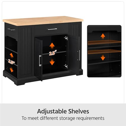Yaheetech Rolling Kitchen Island Cart with 3 Drawers & Open Shelves, Black | Mobile Kitchen Island with Storage on Wheels with Adjustable Shelves, Thicke Rubberwood Top, for Dining Room/Living Room - color: Black