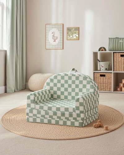 Blissful Diary Kids Couch, 2-in-1 Soft Kids Sofa, Kids Sofa Chair, Comfy Kids Furniture for Playroom, Reading & Play, Checkered Sage - color: Checkered Sage