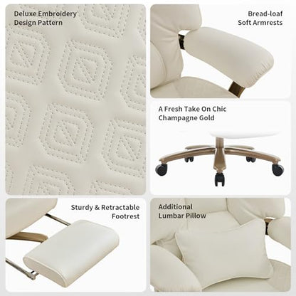 EXCEBET Big and Tall Executive Office Chair with Footrest, 400LBS Capacity Ergonomic High-Back Desk Office Chair with Lumbar Support, Padded Armrests & Thick Cushion, White PU Leather Chairs - color: White