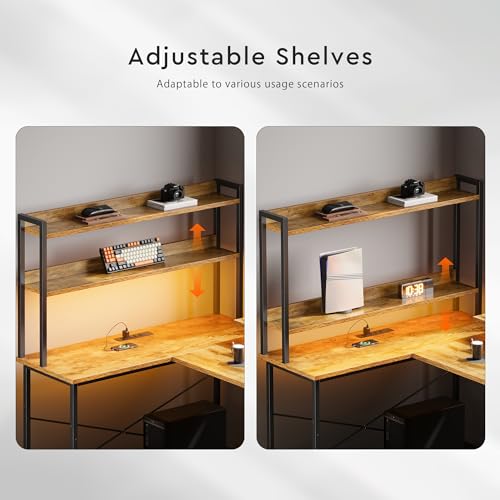 L Shaped Gaming Desk, Reversible with LED Lights, Shelves, Brown | Reversible, LED lights, Charging, Monitor stand - color: Rustic Brown2