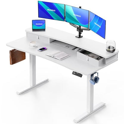 HUANUO 55″ x 26″ Electric Standing Desk with 2 Drawers, C-Clamp Mount Compatible, Height Adjustable Computer Desk, Home Office Stand Up Desk with 4 Preset Heights & 2 Hooks, White - color: White, size: 55" X 26"