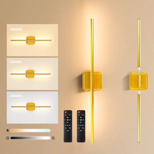 Battery Operated Wall Sconces Set of 2 Detachable 360°Rotate Dimmable | 3000-6500K Wall Lamps with Remote Control 10000mAh Rechargeable Wall Lights for Bedroom Living Room 28.3" Gold - color: Gold-Square Base, size: 2 Pack