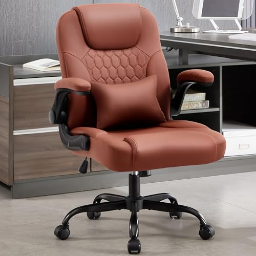 Leather Office Chair Swivel Lumbar Support for Short People Brown | Executive Office Chair PU,Leather Office Chair with Wheels,360° Swivel Rolling Chair with Padded Arm,Ergonomic Computer Chair - color: Brown