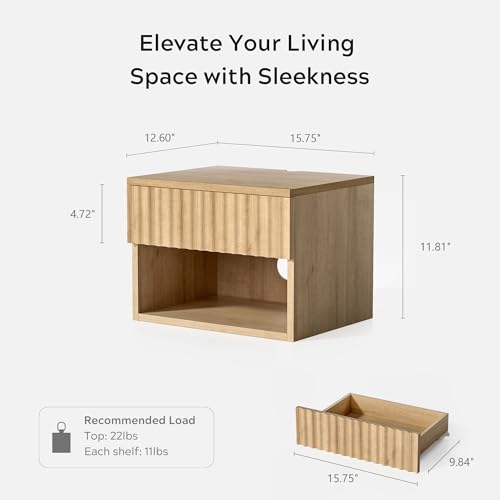 Small Floating Nightstand Set of 2, Modern Fluted Night Stand with Drawer and Open Storage Shelf Wall Mounted Bedside Tables Natural Oak - color: Natural Oak, size: 2 PCS