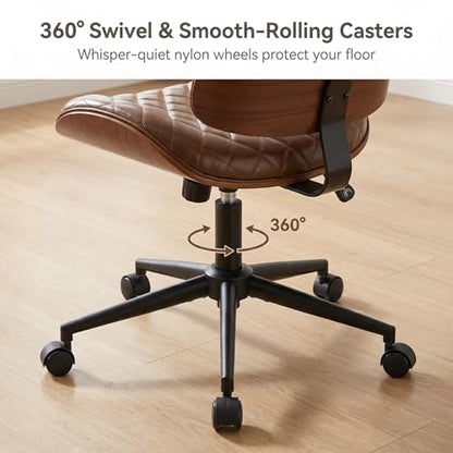 Furnimart Wooden Armless Desk Chair with Wheels, 360° Swivel Faux Leather Vanity Chair for Bedroom, Small Office Computer Task Chair for Home & Compact Spaces (PU Brown) - color: Pu-brown