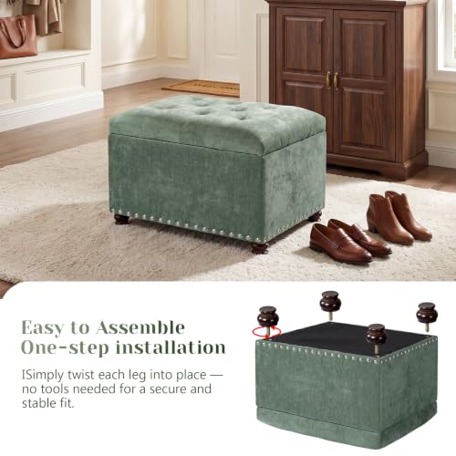 24" Storage Ottoman,Tufted Upholstered Fabric Ottoman Bench | Hidden Storage,Foot Rest Stool for Living Room Bedroom Entryway,Nailhead Trim,Wooden Legs,400 lbs Capacity - color: Green