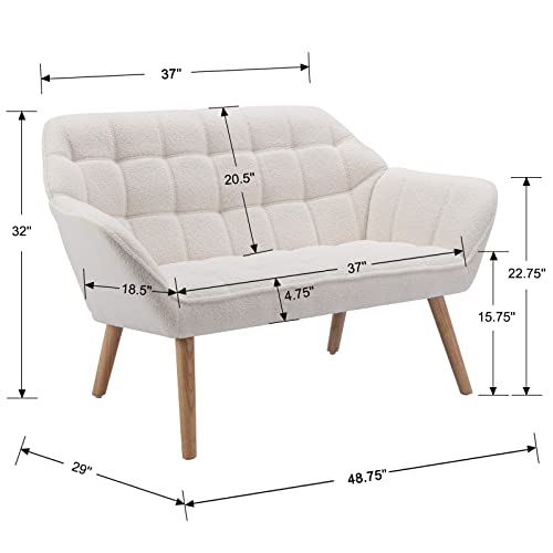 48" Small Loveseat Sofa, Modern Sherpa Mini Sofa Couch 2-Seater Fluffy Love Seat with Quilting Backs and Wood Legs for Living Room, Bedroom and Small Space, White - color: White