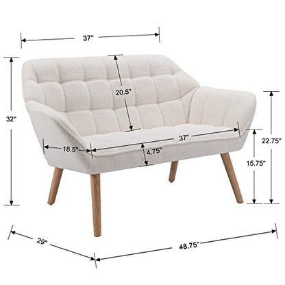 48" Small Loveseat Sofa, Modern Sherpa Mini Sofa Couch 2-Seater Fluffy Love Seat with Quilting Backs and Wood Legs for Living Room, Bedroom and Small Space, White - color: White