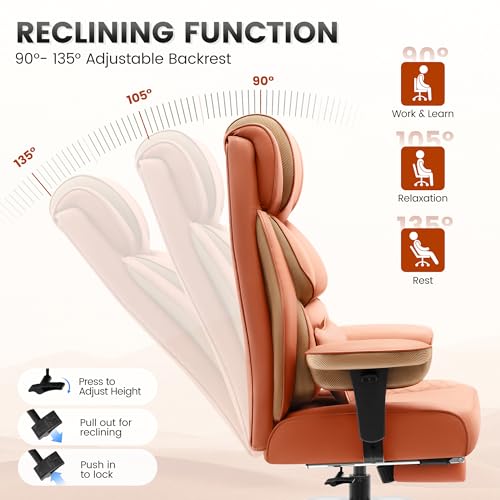 BestGlory Office Desk Chair, Big and Tall Leather Gaming Chair with Footrest, Wide Ergonomic Comfy Executive High-Back Reclining Computer Chairs, Swivel Rolling Wheels and Lumbar Support, Brown - color: Terracotta, style: 3 Position Reclining
