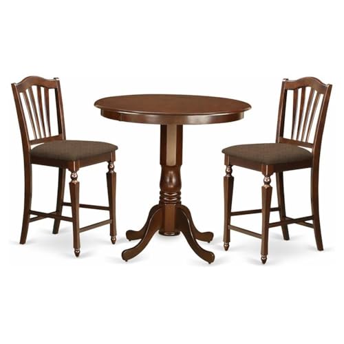 East West Furniture JACH3-MAH-C 3 Piece Counter Height Dining Set Contains a Round Dining Room Table with Pedestal and 2 Linen Fabric Upholstered Chairs, 36x36 Inch, Mahogany - color: Jach3-mah-c