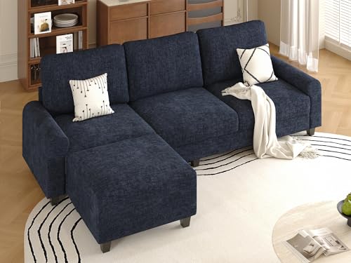 EASE MOOSE 100" Chenille L-Shaped Sectional Sofa with Ottoman, Navy Blue | Deep Seat, Pet-friendly, Removable Washable Cover, Pocket Spring Cushion, Easy Clean, Easy Assembly Couches for Living Room - color: Navy Blue, size: 100" L-Shape